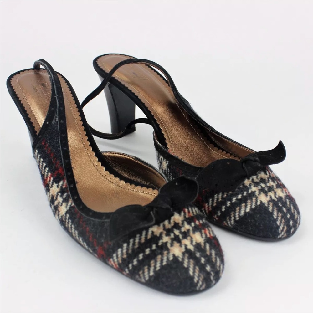 J. Crew Plaid Bow Close Toe Fabric Slingback Heels